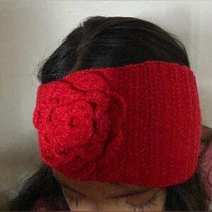 Red Knit Headband with Flower Accent